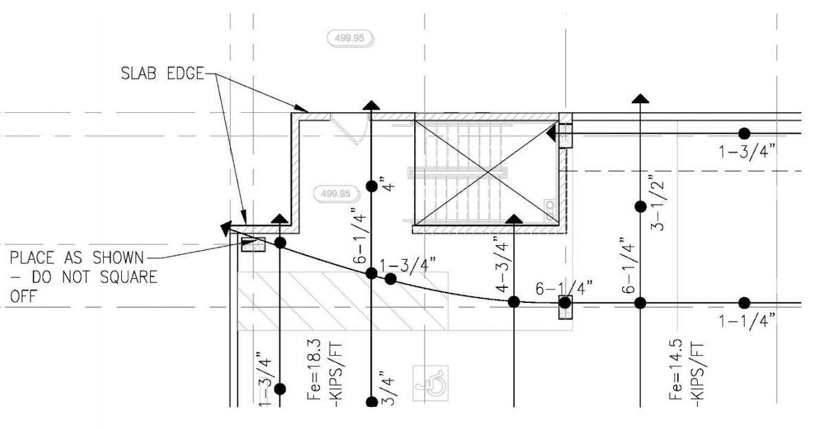 A technical structural engineering drawing showing the layout, spacing, and force requirements for tendons in a post tension slab, including slab edge details and chair height dimensions.